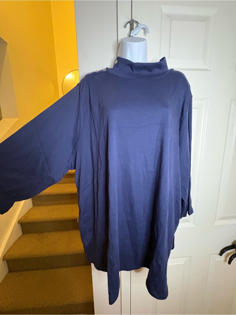 Issac Mizrahi Relaxed Mock Neck Navy Tunic with Shoulder Buttons